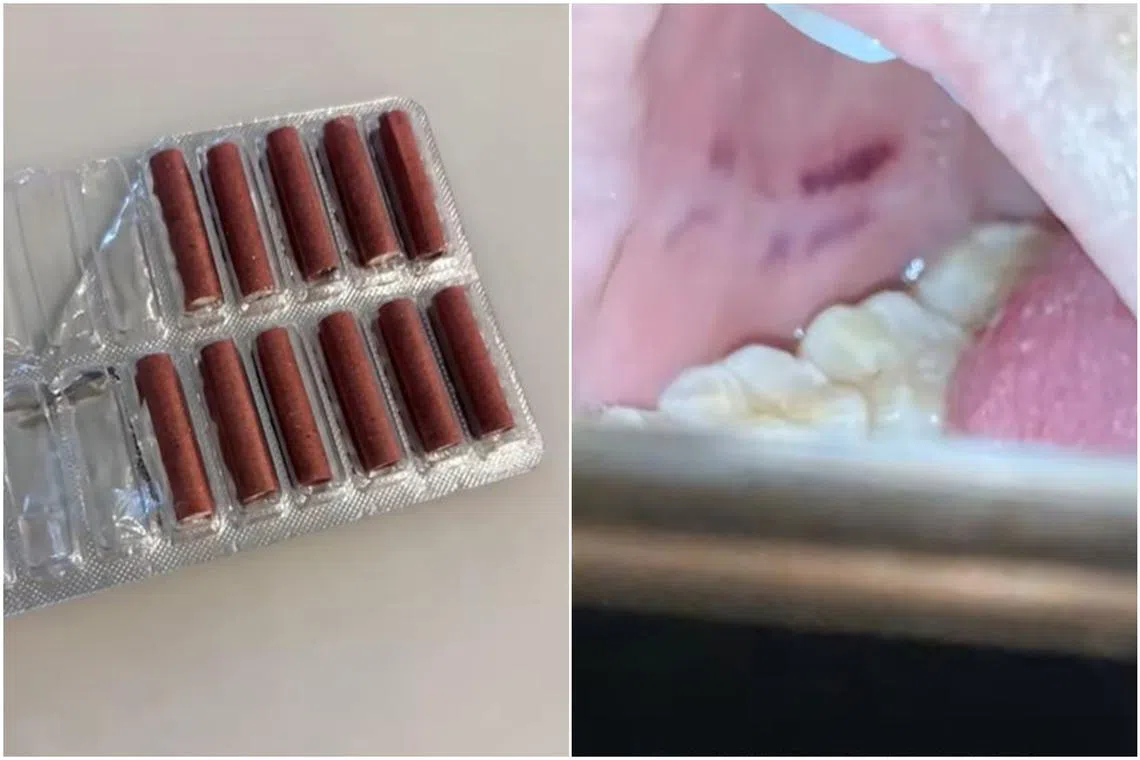 The firecracker exploded when the woman bit into it.