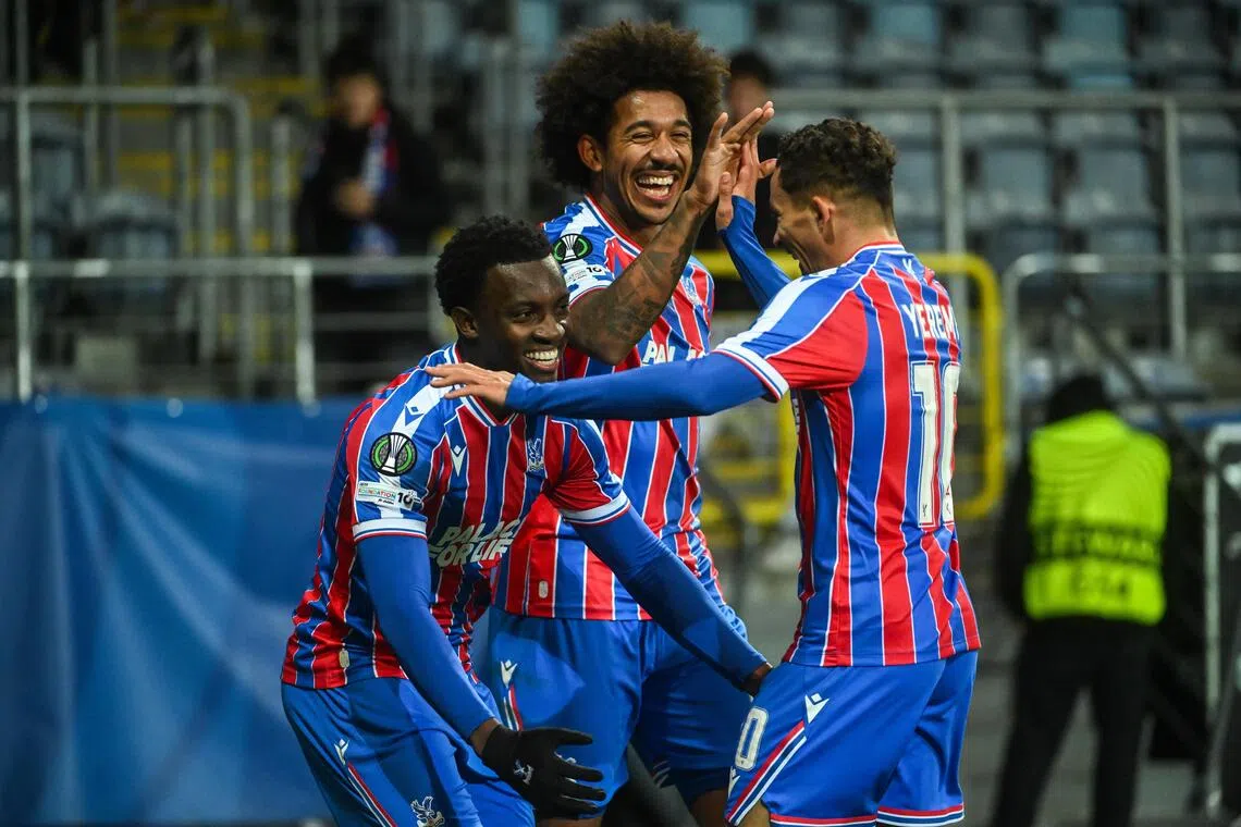 Eddie Nketiah of Crystal Palace celebrates with Chris Richards and Yeremy Pino after scoring in the Conference League win over Dynamo Kyiv.