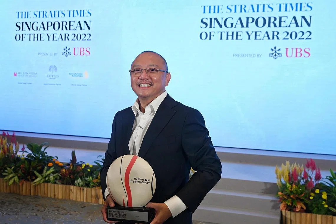 Mr Anson Ng, 55, is the Singaporean of the year 2022 .
The Straits Times (ST) Singaporean of the Year 2022 awards ceremony will be held on  February 9, 3.45pm - 6.10pm at Raffles Hotel. President Halimah Yacob will be the Guest of Honour and will be delivering a speech. Since 2015, the Singaporean of the Year Award, organised by ST and presented by UBS Singapore, has been recognising Singaporeans who have made a positive and lasting impact in society. These outstanding individuals and groups have either put Singapore on the world stage, improved the lives of others in the community, or showed resilience in the face of adversity.