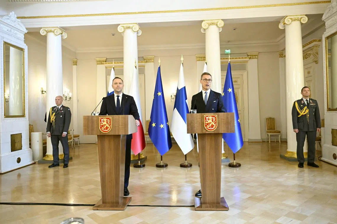 President of Poland Karol Nawrocki and President of Finland Alexander Stubb attend a joint press conference at the Presidential Castle in Helsinki, Finland, September 9, 2025. Lehtikuva/Roni Rekomaa/via REUTERS      ATTENTION EDITORS - THIS IMAGE WAS PROVIDED BY A THIRD PARTY. NO THIRD PARTY SALES. NOT FOR USE BY REUTERS THIRD PARTY DISTRIBUTORS. FINLAND OUT. NO COMMERCIAL OR EDITORIAL SALES IN FINLAND.