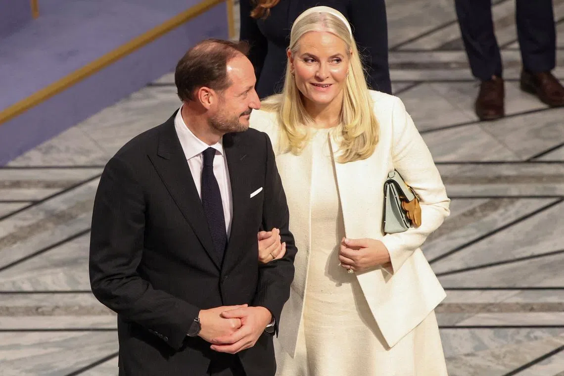 Norway's Crown Prince Haakon and Crown Princess Mette-Marit attend the ceremony to award the Nobel Peace Prize to Venezuelan opposition leader Maria Corina Machado, in Oslo, Norway December 10, 2025. REUTERS/Leonhard Foeger