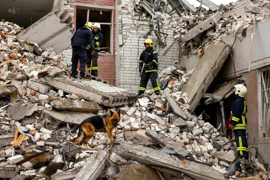 A dog stands on rubble as rescuers work at the site of a destroyed building during a Russian missile strike, amid Russia's attacks on Ukraine, in Chernihiv, Ukraine April 17, 2024. REUTERS/Valentyn Ogirenko