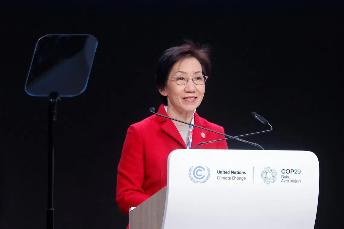 Minister for Sustainability and the Environment Grace Fu delivering a statement at the UN COP29 conference in Baku, Azerbaijan, on Nov 19.