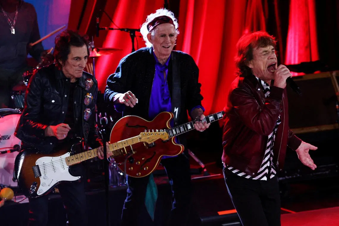 The members of the Rolling Stones Ronnie Wood, Keith Richards and Mick Jagger perform during a private record release party of their new album Hackney Diamonds in New York City, on Oct 19, 2023. 