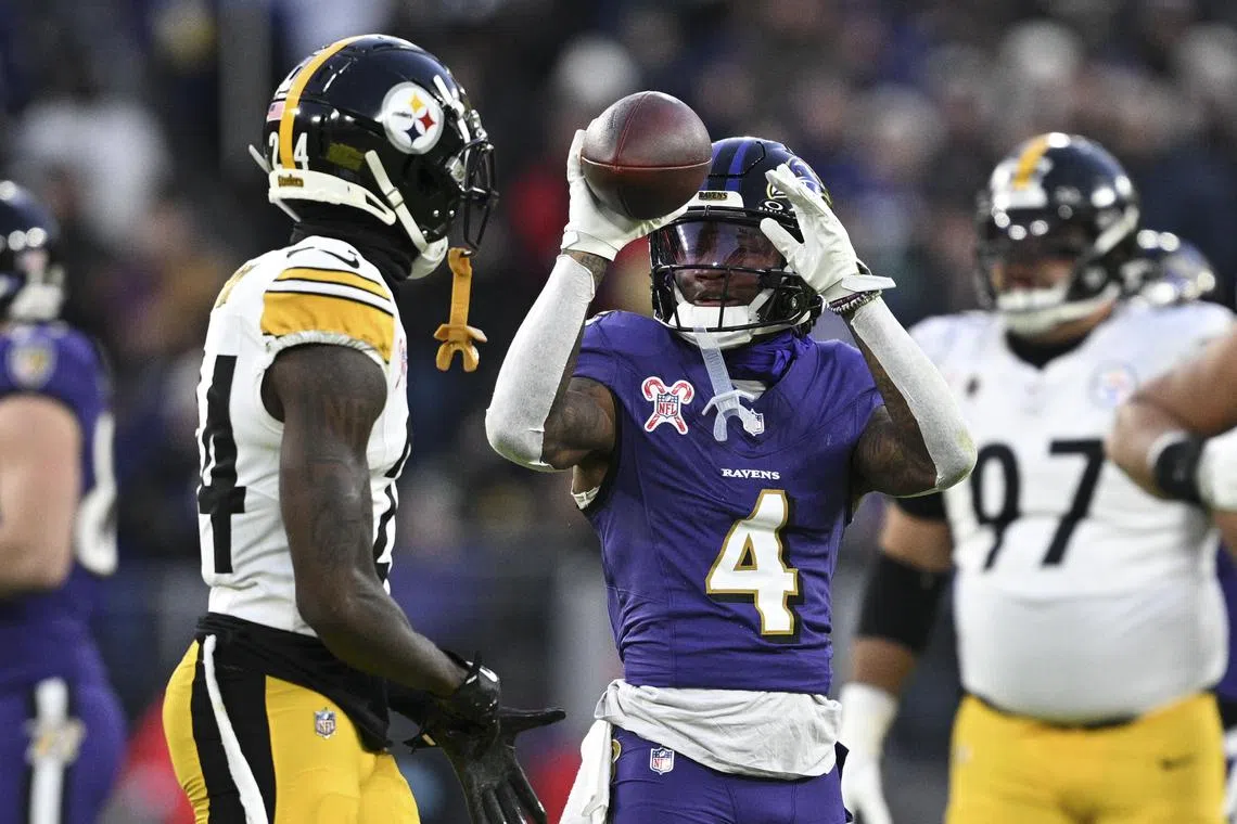 FILE PHOTO: Dec 21, 2024; Baltimore, Maryland, USA; Baltimore Ravens wide receiver Zay Flowers (4) reacts after running for a first down against the Pittsburgh Steelers  at M&T Bank Stadium. Mandatory Credit: Tommy Gilligan-Imagn Images/File photo