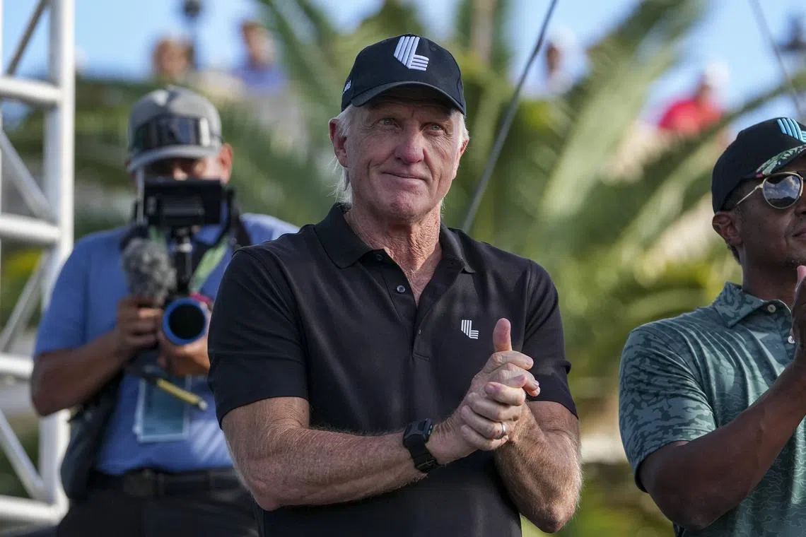 Greg Norman, CEO and commissioner of LIV Golf, being introduced to the crowd during the team championship stroke-play round of the LIV Golf Invitational at Trump National Doral Miami on Oct 30.
