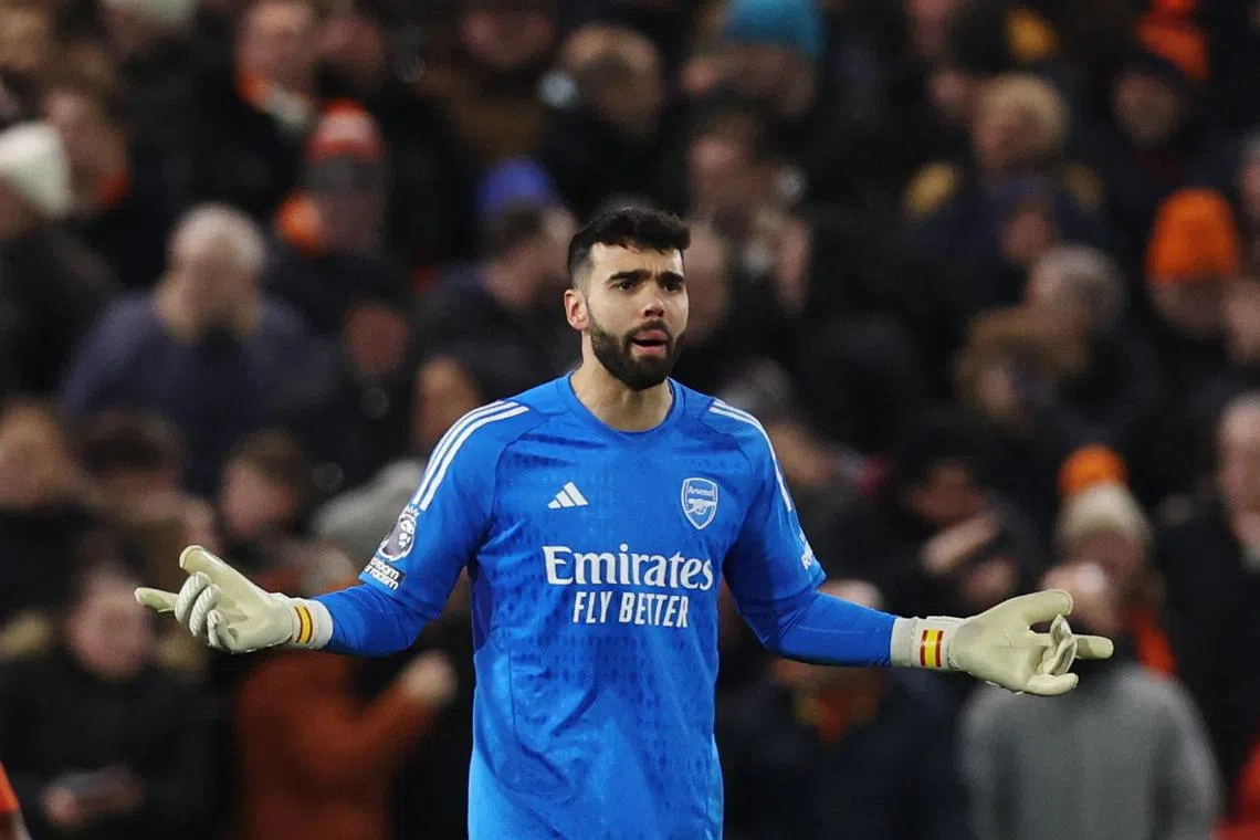 Arsenal's David Raya reacts after Luton Town's Ross Barkley scores their third goal, on Dec 5.