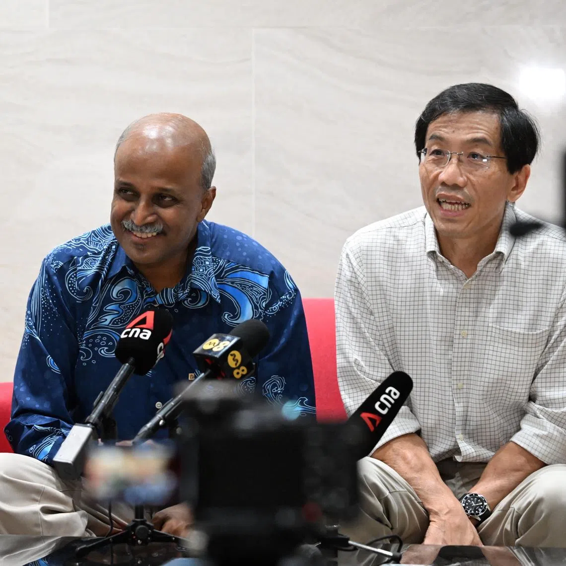 SDP party chief Chee Soon Juan (right) and chairman Dr Paul Tambyah at SDP's press conference on May 18.
