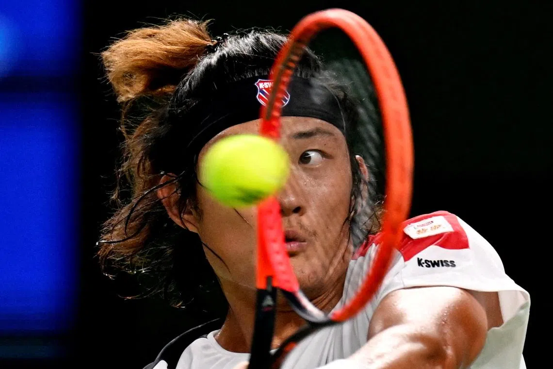 China's Zhang Zhizhen in action during his round of 16 match against Poland's Hubert Hurkacz during the Shanghai Masters at the Qizhong Forest Sports City Arena, Shanghai, China on Oct 10.
