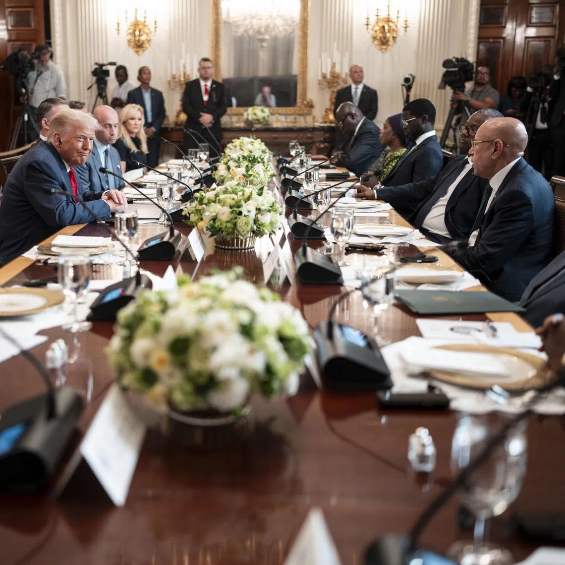 US President Donald Trump (third from left) speaking at his lunch with African leaders at the White House on July 9.