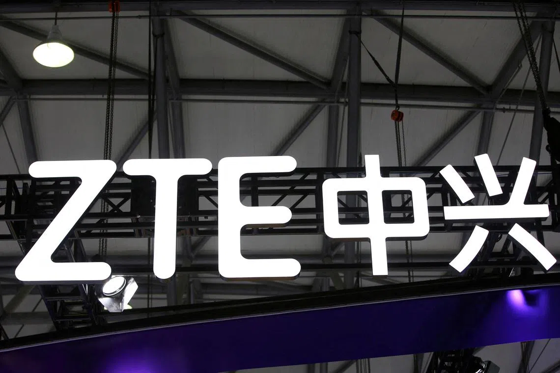 FILE PHOTO: The logo of ZTE is seen at its booth during the Mobile World Congress in Shanghai, China June 28, 2023. REUTERS/Nicoco Chan/File Photo