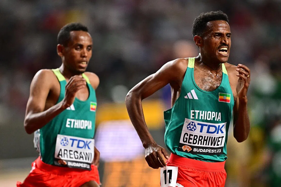 FILE PHOTO: Athletics - World Athletics Championship - Men's 5000 Metres Final - National Athletics Centre, Budapest, Hungary - August 27, 2023 Ethiopia's Hagos Gebrhiwet in action during the men's 5000 metres final REUTERS/Marton Monus/File Photo