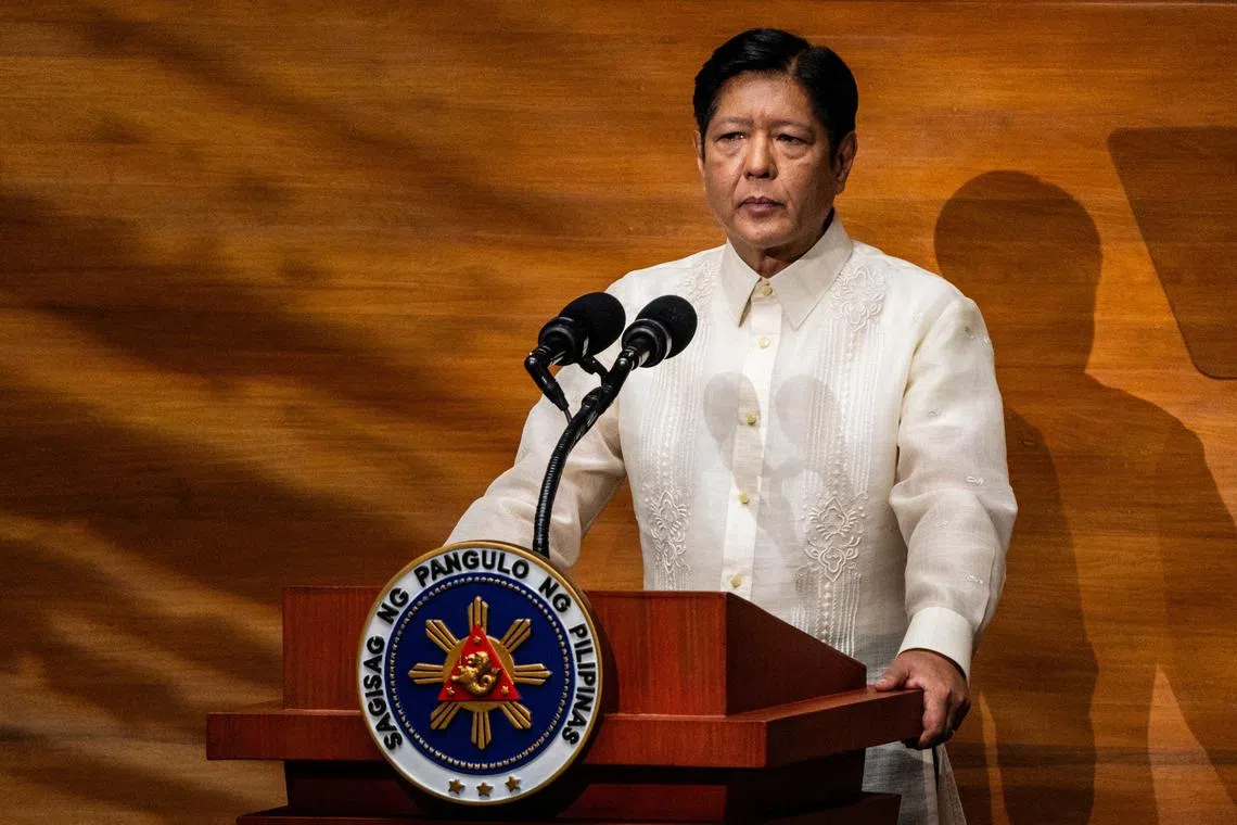 Philippine President Ferdinand Marcos Jr. delivers his third State of the Nation Address (SONA) at the House of Representatives in Quezon City, Metro Manila, Philippines, July 22, 2024. REUTERS/Lisa Marie David/File Photo