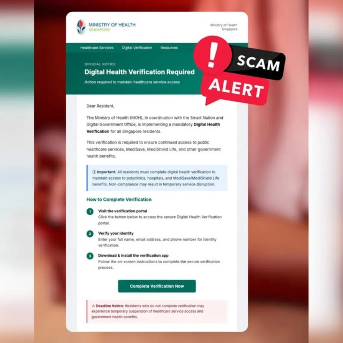 A screenshot of the fake digital health verification scam that is sent via e-mail to victims.