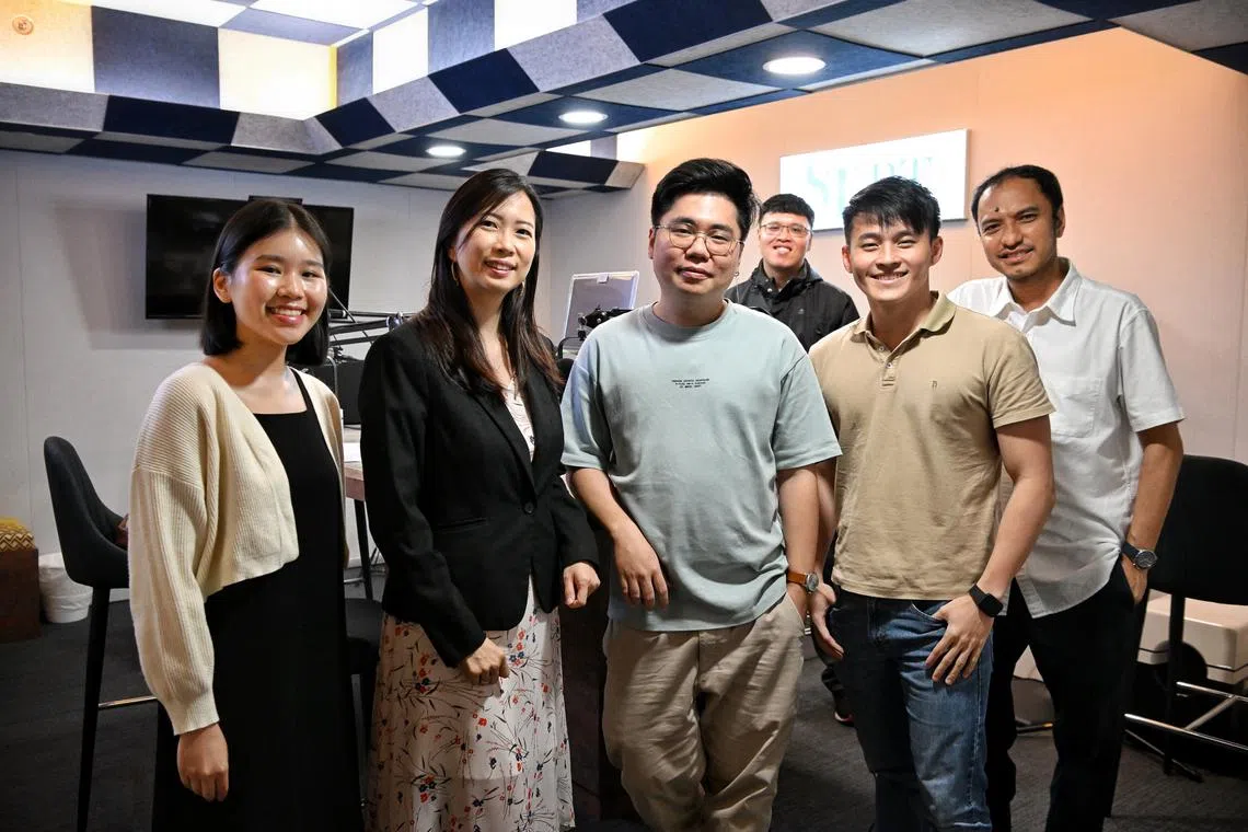 (From left) Ms Isabella Liew, ST Correspondent, Ms Christine Sun, Senior Vice-President of Research and Analytics at OrangeTee & Tie, Mr Eden Soh, Media Producer, Mr Hadyu Rahim (back), ST's Podcast Producer, Mr Asher Chua, Sales Executive, Mr Ernest Luis, Podcast Editor