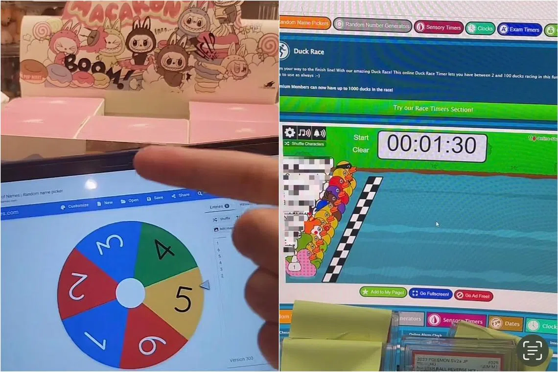 A spin-the-wheel game (left) and a simulated virtual duck race game (right) on TikTok Live. Players pay for a slot to join the games in hopes of winning a prize shown by the seller.