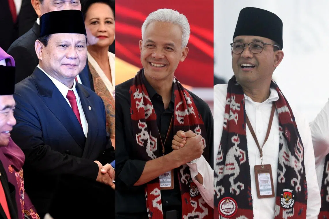The three candidates are (from left) Mr Prabowo Subianto, Mr Ganjar Pranowo and Mr Anies Baswedan.
