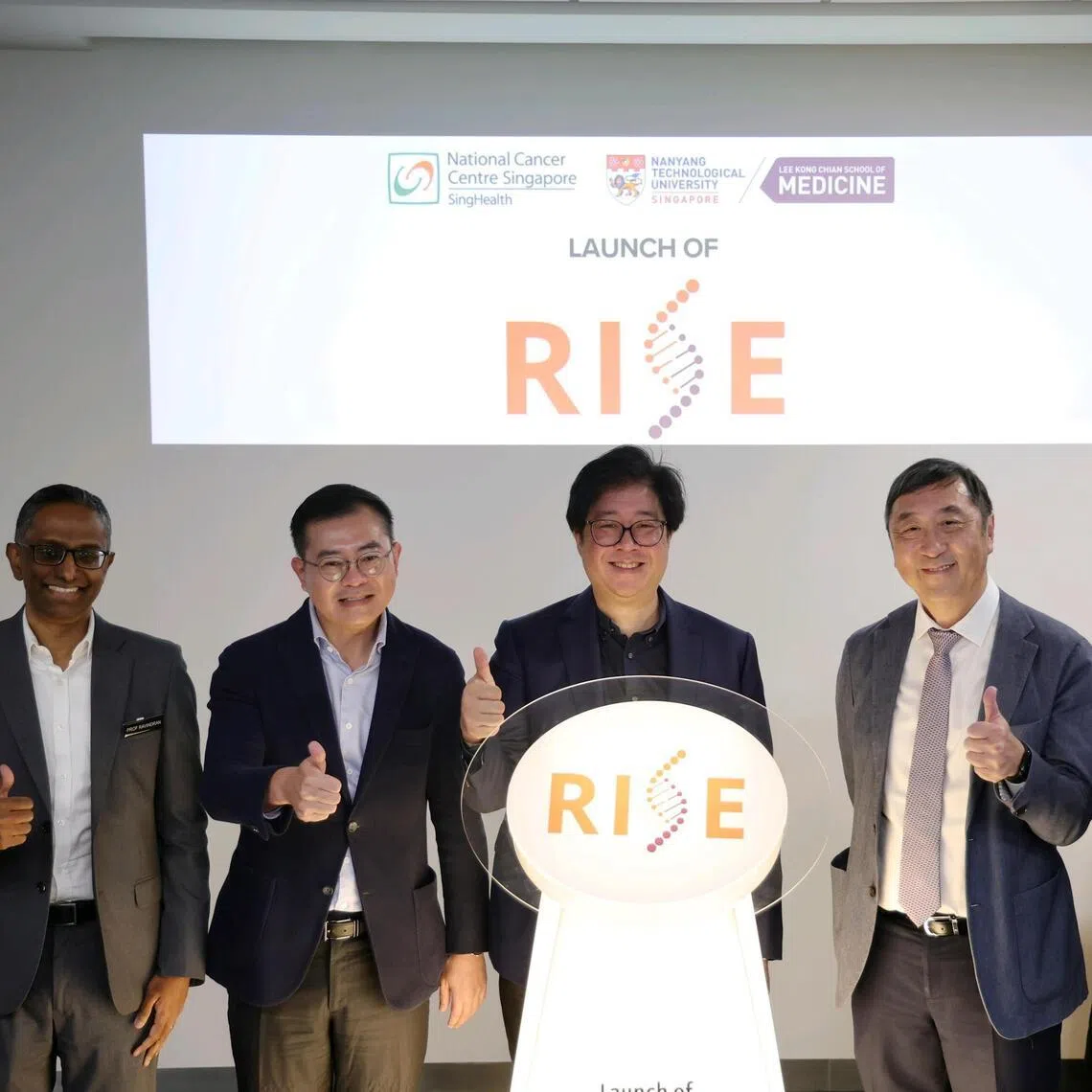 Launching the studies by the Research Institute for Cancer Prevention, Screening and Early Detection (RISE) were (from left) RISE co-director Ravindran Kanesvaran; Professor Lim Soon Thye; Mr Prajna Murdaya, who donated $2.5m to RISE in memory of his father; Lee Kong Chian School of Medicine dean Joseph Sung and RISE co-director Jon Emery.
