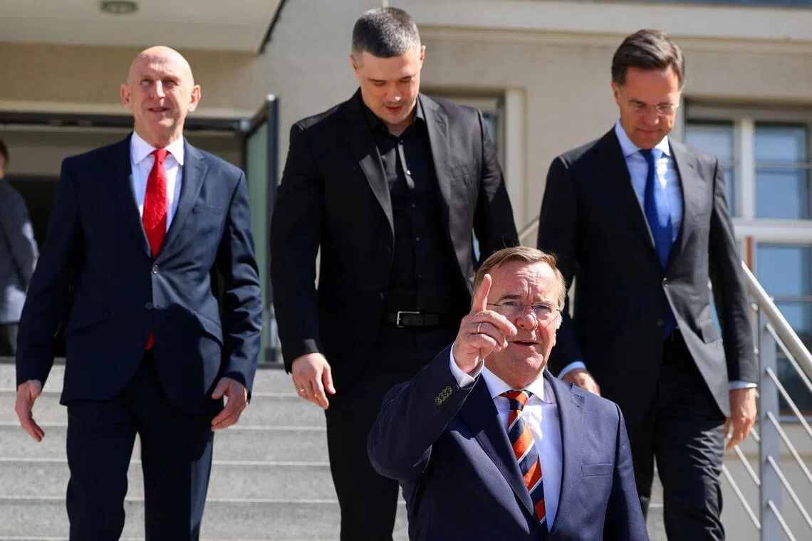 German Defence Minister Boris Pistorius leading the way at the 34th Ukraine Defence Contact Group meeting in Berlin, Germany, on April 15, with (from left) British Defence Secretary John Healey, Ukrainian Defence Minister Mykhailo Fedorov and NATO Secretary-General Mark Rutte.