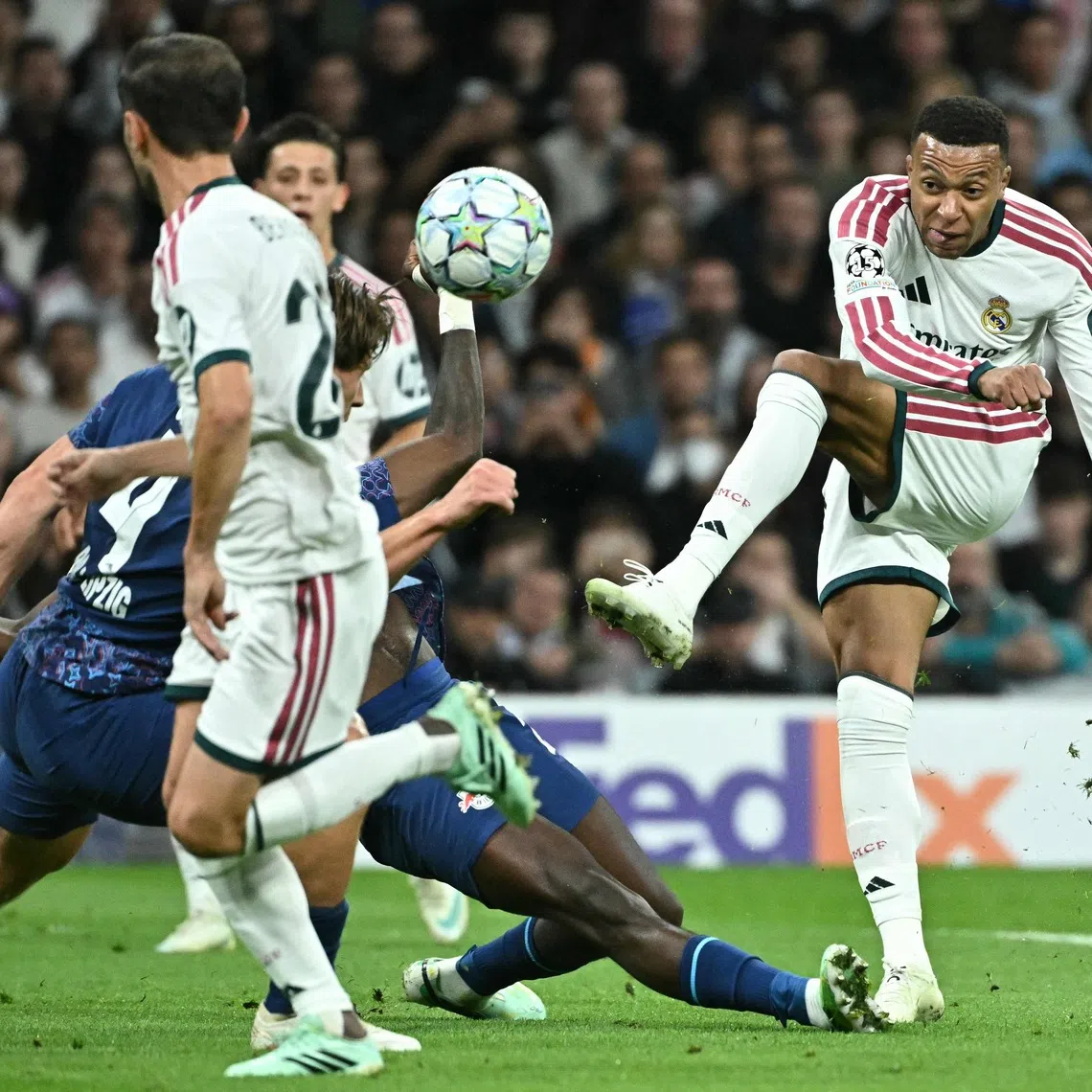 Kylian Mbappe has netted in each of Madrid’s Champions League matches this season and has 12 goals in 12 games.