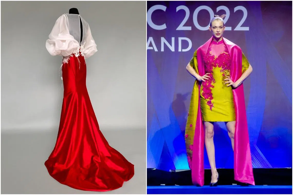 Home-grown designer Ann Teoh's Thai silk national dress (left) and gold dress presented at the Apec Summit's fashion show.