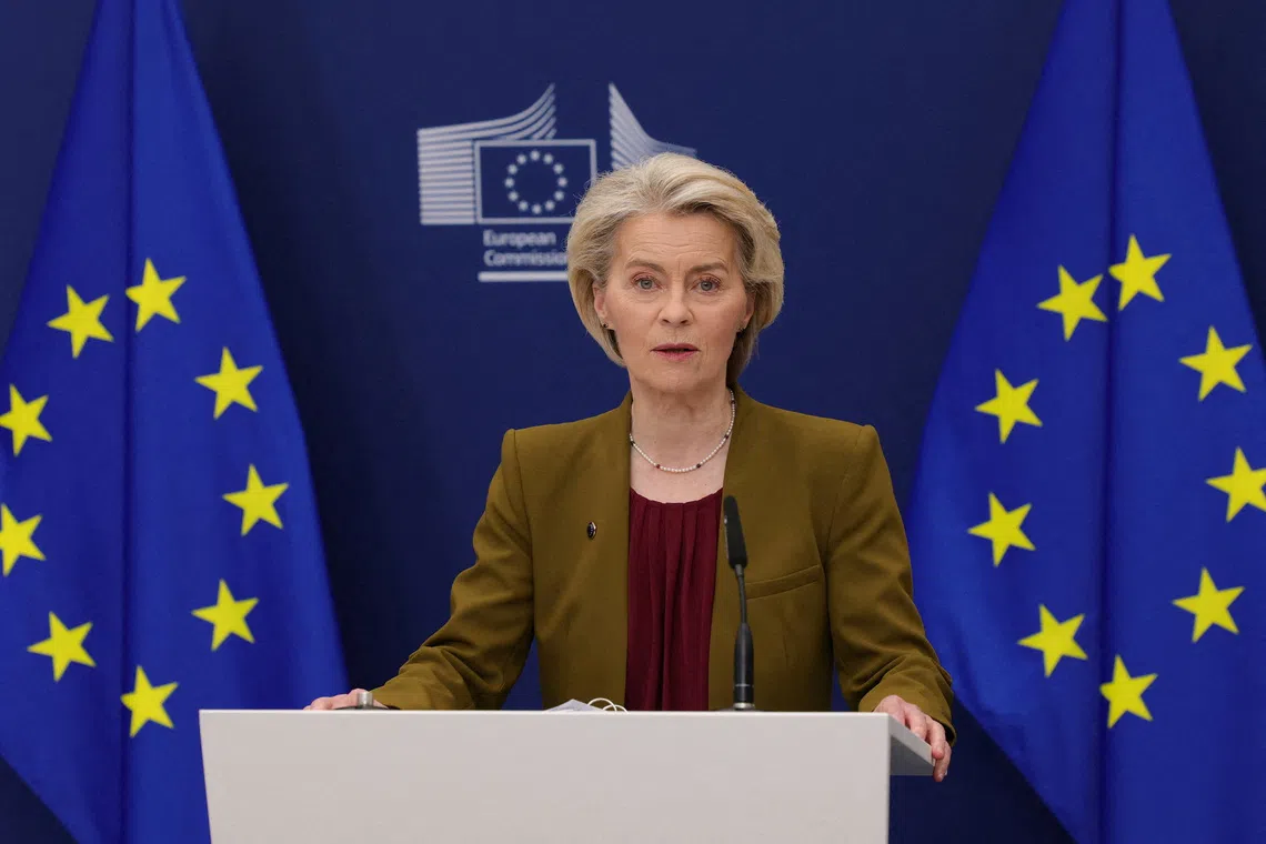 European Commission President Ursula von der Leyen gives an address on the Pact for the Mediterranean in Brussels, Belgium October 16, 2025. REUTERS/Yves Herman