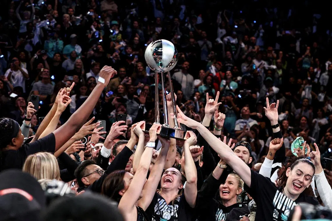 FILE PHOTO: Oct 20, 2024; Brooklyn, New York, USA; The New York Liberty celebrate after winning the 2024 WNBA Finals at Barclays Center. Mandatory Credit: Wendell Cruz-Imagn Images/File Photo