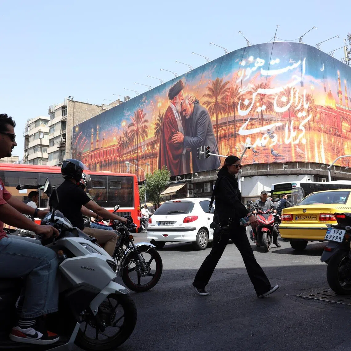 A billboard featuring Iran’s late Supreme Leader Ayatollah Ali Khamenei in Tehran, ahead of his funeral, on June 29, 2026.
