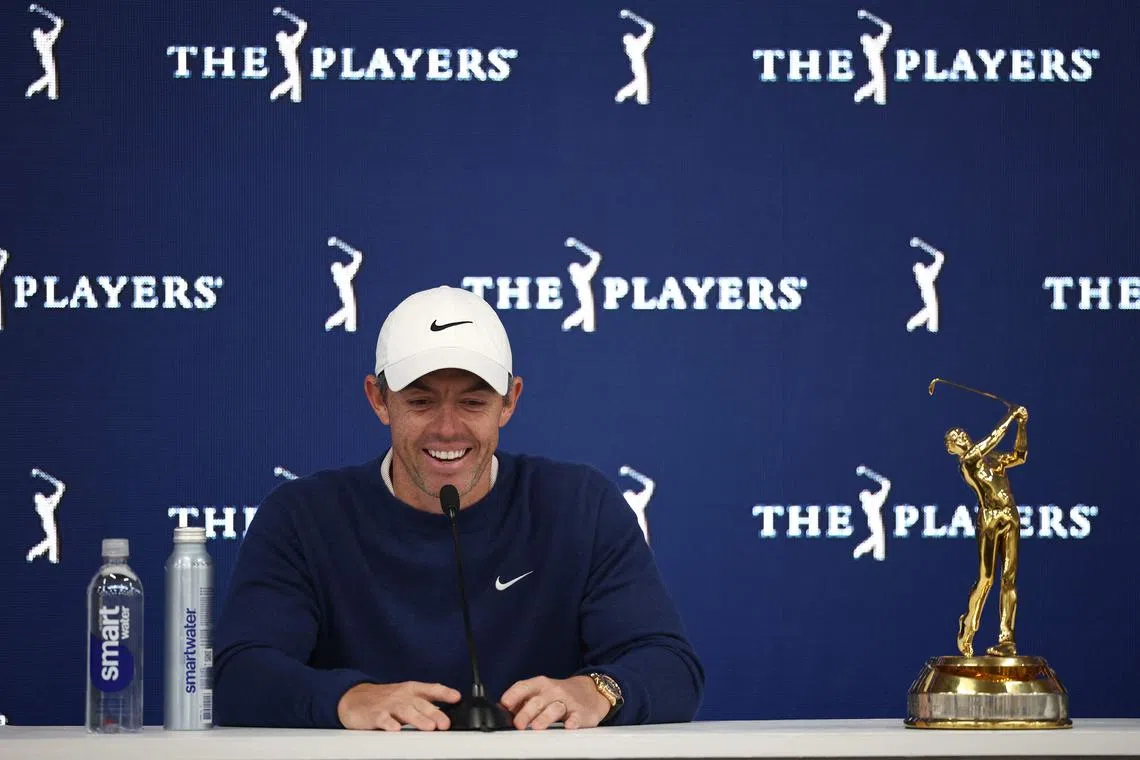 PONTE VEDRA BEACH, FLORIDA - MARCH 17: Rory McIlroy of Northern Ireland speaking to the media after winning the playoff in the final round of The Players Championship on the Stadium Course at TPC Sawgrass on March 17, 2025 in Ponte Vedra Beach, Florida. 