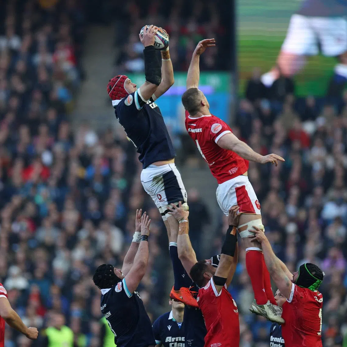 FILE PHOTO: Rugby Union - Six Nations Championship - Scotland v Wales - Murrayfield Stadium, Edinburgh, Scotland, Britain - March 8, 2025 Scotland's Grant Gilchrist wins the lineout against Wales' Will Rowlands. REUTERS/Russell Cheyne/File Photo