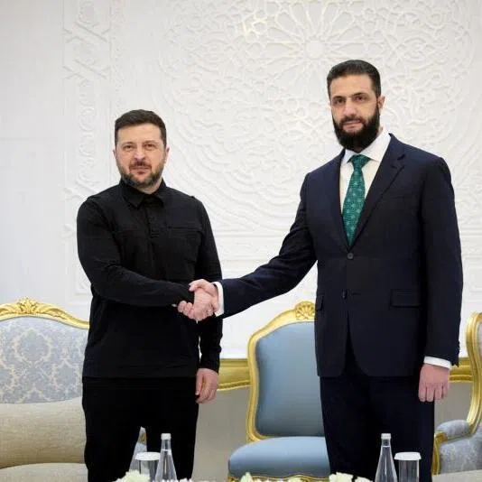 Ukraine's President Volodymyr Zelensky (left) and Syrian President Ahmed al-Sharaa shaking hands during their meeting in Damascus. 