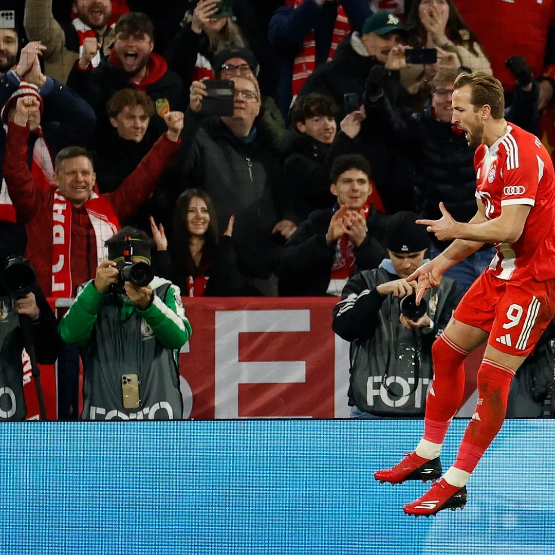 Soccer Football - DFB Cup - Quarter Final - Bayern Munich v RB Leipzig - Allianz Arena, Munich, Germany - February 11, 2026 Bayern Munich's Harry Kane celebrates scoring their first goal REUTERS/Heiko Becker