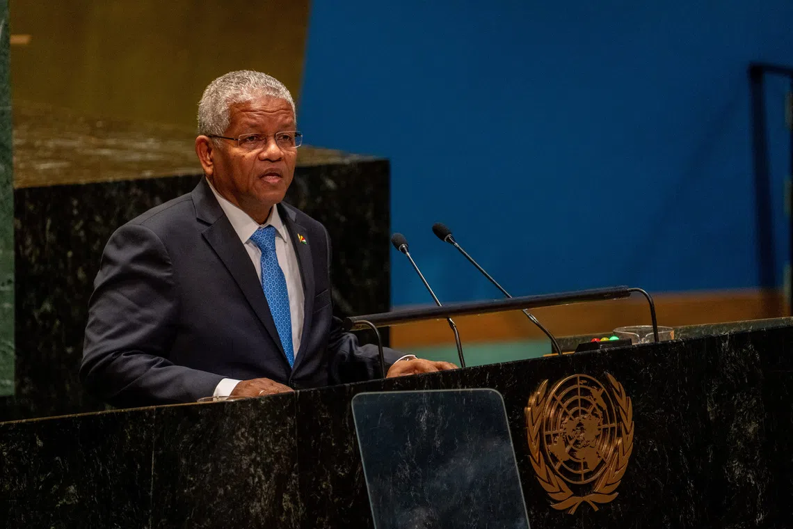 FILE PHOTO: President of Seychelles Wavel Ramkalawan addresses the \"Summit of the Future\" in the General Assembly Hall at United Nations Headquarters in New York City, U.S., September 22, 2024. REUTERS/David Dee Delgado/ File Photo