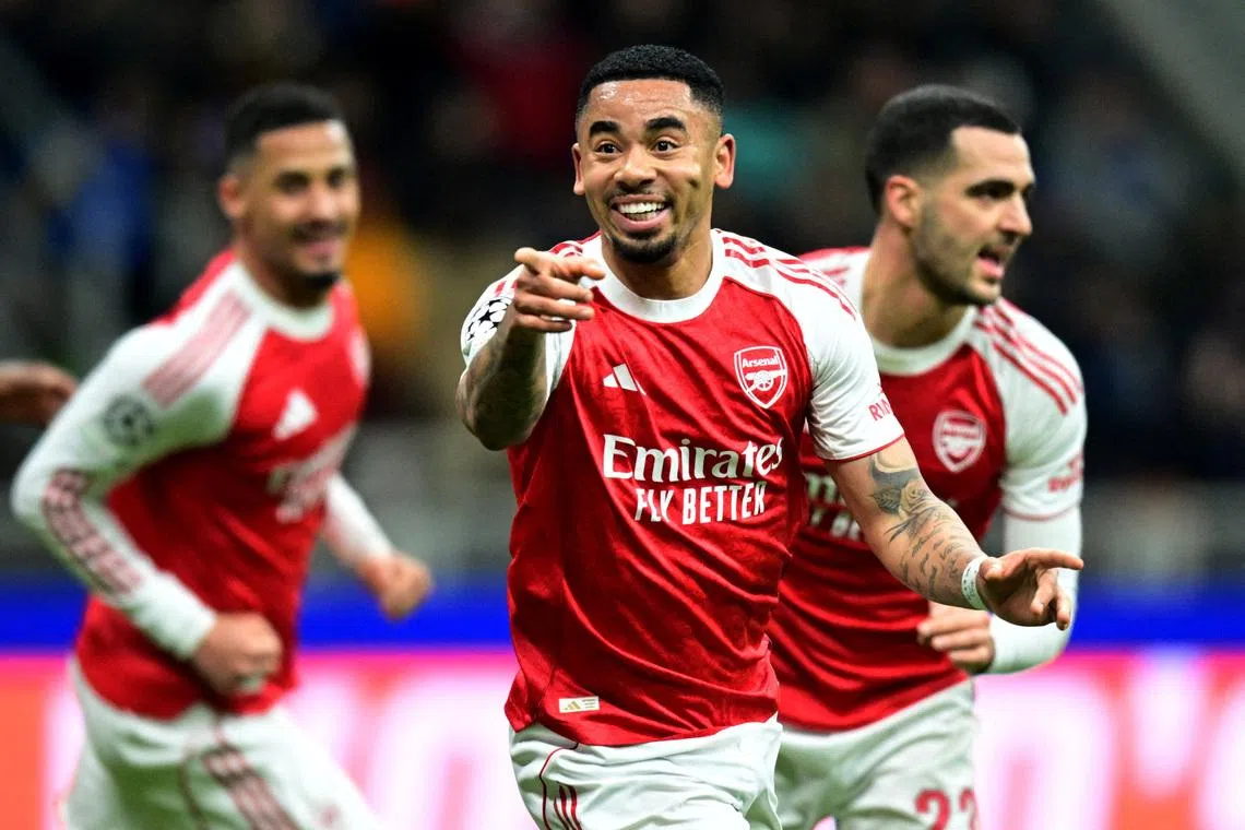 Arsenal's Gabriel Jesus celebrates scoring their second goal in the 3-1 Champions League win over Inter Milan at the San Siro on Jan 20.