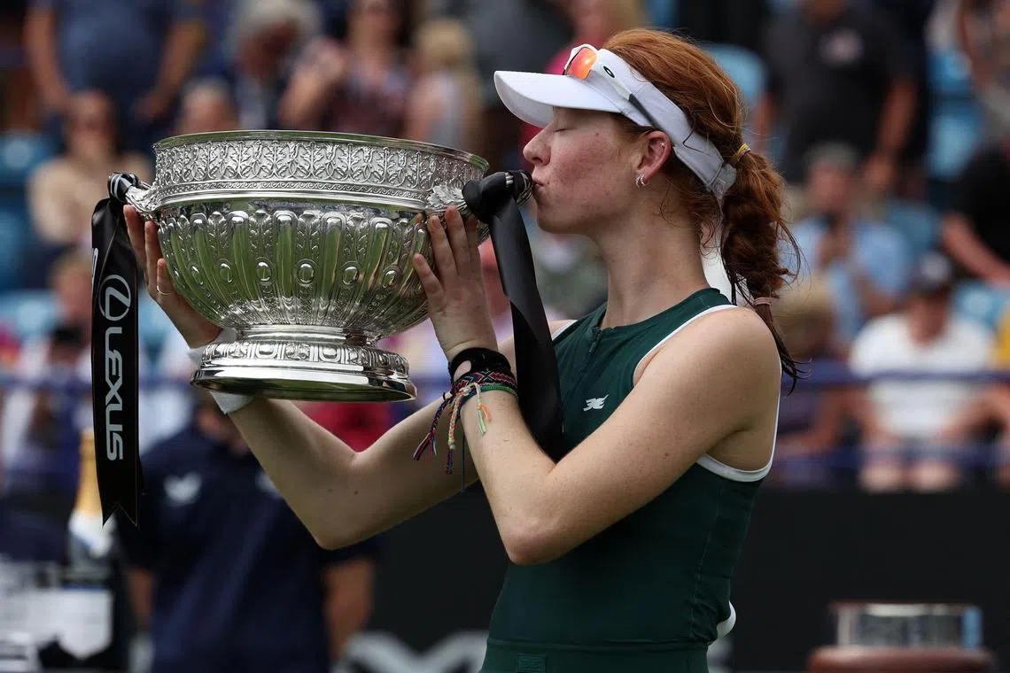Australia's Maya Joint celebrating with the trophy after beating the Philippines' Alexandra Eala on June 28.