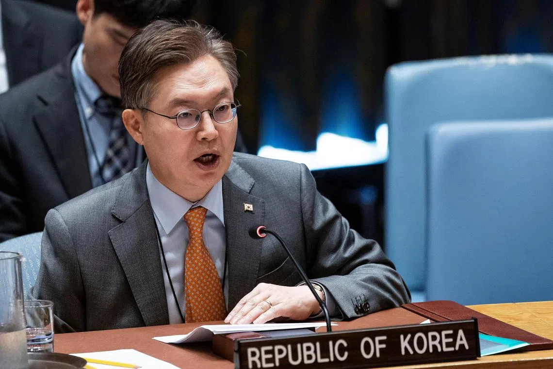 FILE PHOTO: Permanent Representative of the Republic of Korea to the United Nations Joonkook Hwang addresses members of the United Nations Security Council during a meeting on the situation in Middle East and Palestine, at the United Nations headquarters in New York, U.S., May 29, 2024.  REUTERS/Eduardo Munoz/File Photo