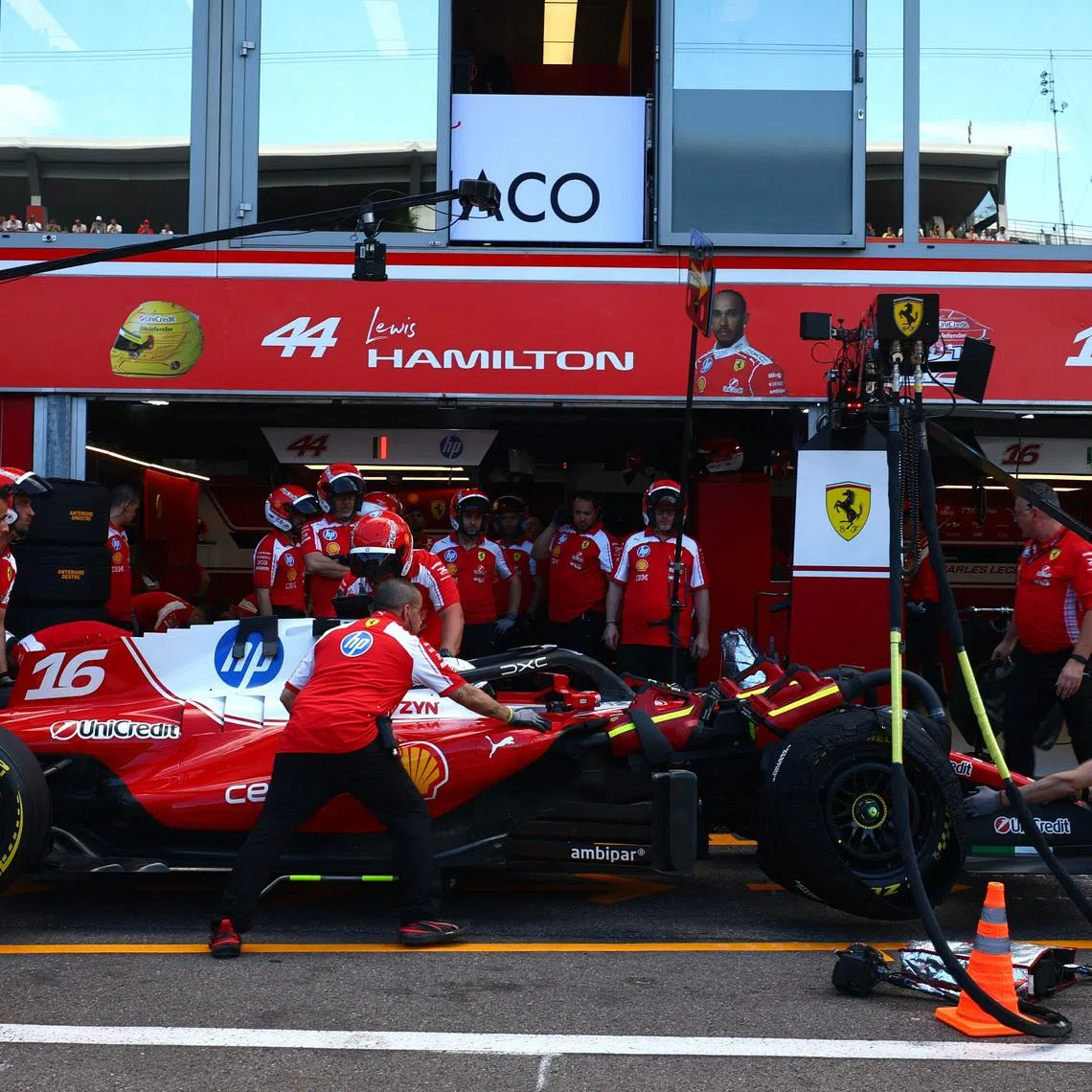 Formula One F1 - Monaco Grand Prix - Circuit de Monaco, Monaco - June 5, 2026 Ferrari's Charles Leclerc in the pits during practice REUTERS/Manon Cruz
