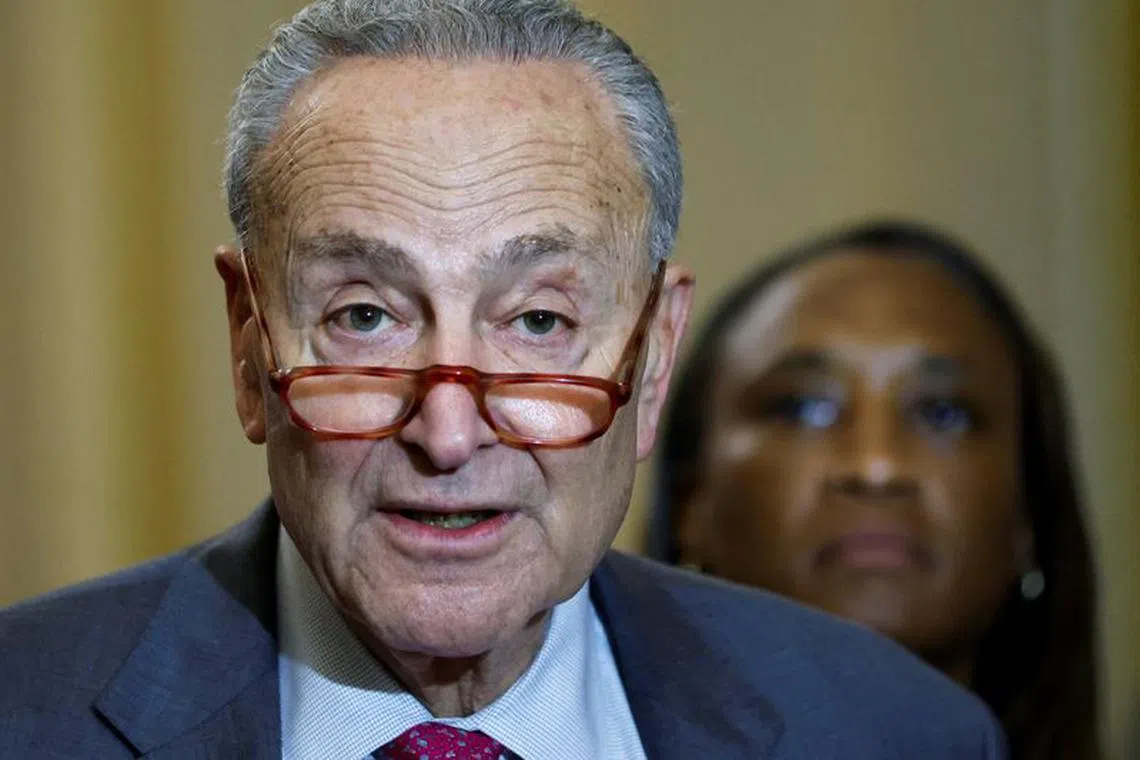 U.S. Senate Majority Leader Chuck Schumer (D-NY), joined by Senator Laphonza Butler (D-CA), speaks to reporters after the weekly Senate caucus lunches at the U.S. Capitol in Washington, U.S. October 4, 2023. REUTERS/Jonathan Ernst/File Photo