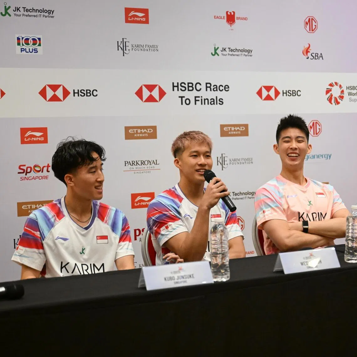 (From left) Singapore's Junsuke Jubo, Wesley Koh, Loh Kean Yew, Yeo Jia Min and Jason Teh at the KFF Singapore Badminton Open press conference on May 25.