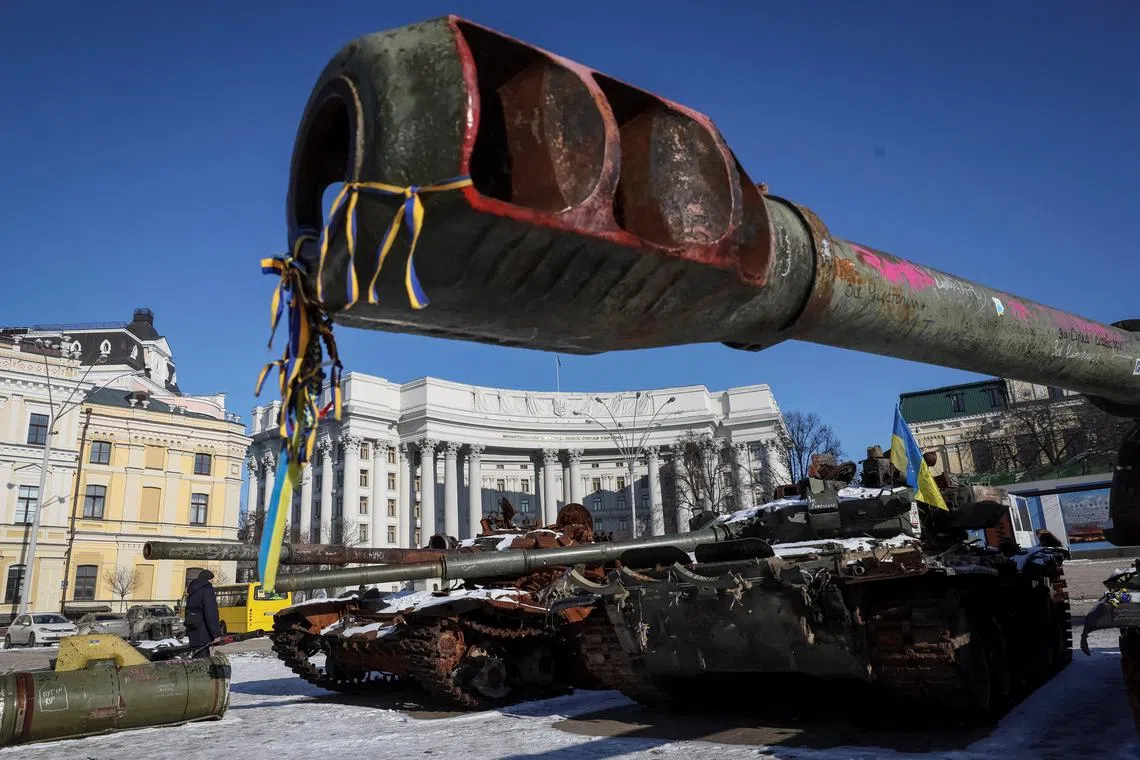 Destroyed Russian tanks are exhibited in central Kyiv, Ukraine.