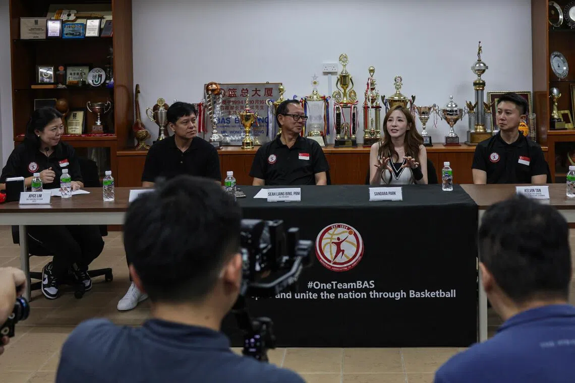 (From left): Joyce Lim, BAS task force and co-chair, Emcee; Kevin Wang, honorary president; Seah Liang Bing, BAS president; South Korean singer Sandara Park; and Kelvin Tan, BAS secretary general 2026 BAS Fundraising chairman; speaking to the media during a press conference at the Basketball Association of Singapore, on July 17, 2026.
