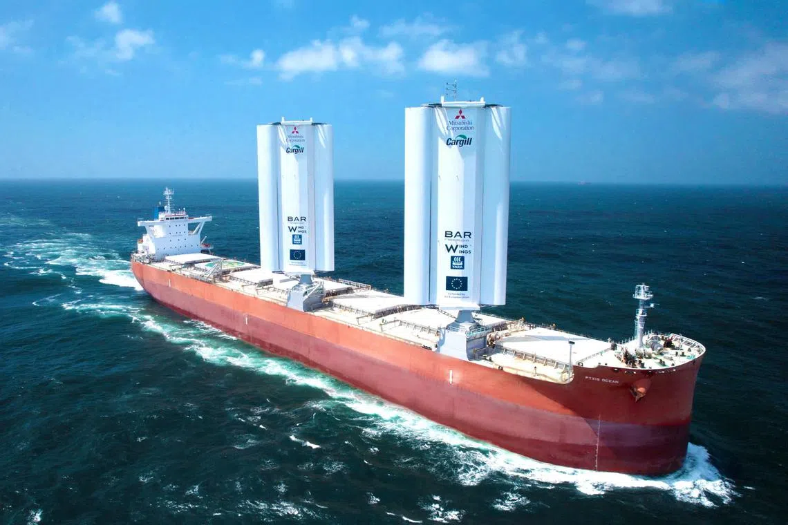 Pyxis Ocean retrofitted with WindWings sets sail during its maiden voyage, in this undated handout picture, Mid-Sea, August 2023. Cargill/Handout via REUTERS    THIS IMAGE HAS BEEN SUPPLIED BY A THIRD PARTY. NO RESALES. NO ARCHIVES