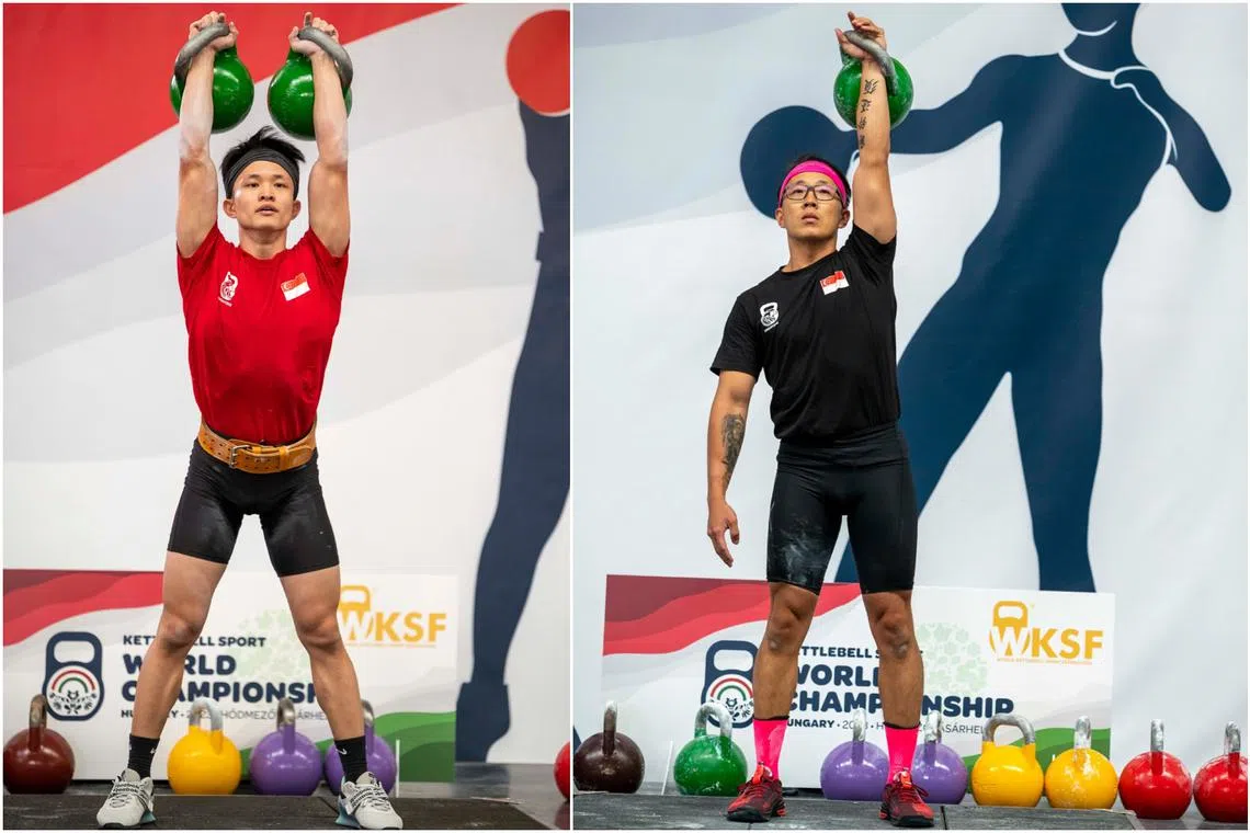 Ng Chek Yong (left) and Dexter Tay compete at the  World Kettlebell Championships in Budapest, Hungary. 
