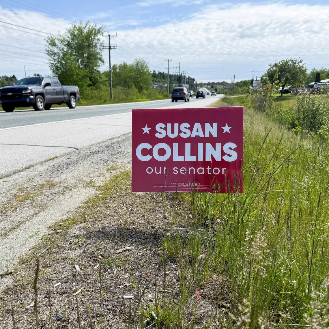 FILE PHOTO: An election sign for Republican Senator from Maine, Susan Collins, stands near the town of Lamoine in rural Maine, U.S., June 3, 2026. REUTERS/Aleksandra Michalska/File Photo