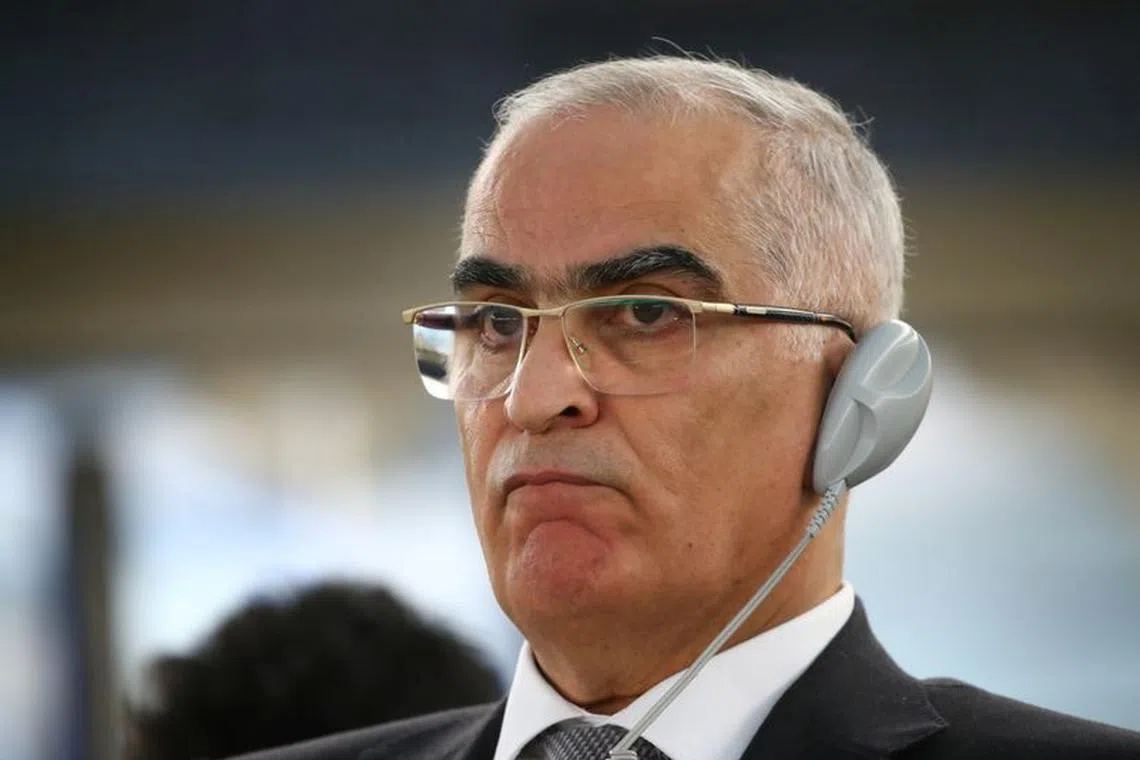FILE PHOTO: Ibrahim Khraishi Ambassador of Palestine to the U.N. attends a session of the Human Rights Council at the United Nations in Geneva, Switzerland, March 18, 2019.  REUTERS/Denis Balibouse/File photo