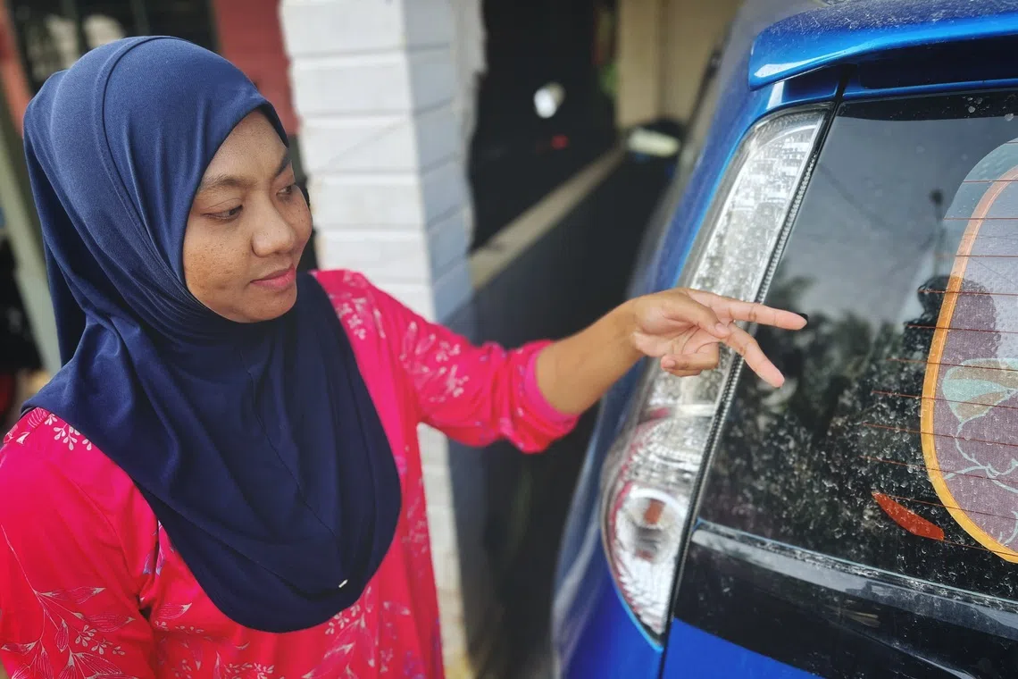 Amiratul Azwa Kamil showing the dust on her car caused by construction debris disposed of at a site near her home in Kampung Sungai Senai Belokok.