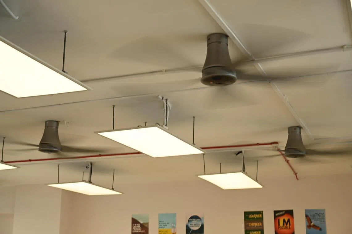 This story is about how schools in Singapore are coming up with unique measures to help staff and students beat the heat. Tampines Sec is being featured for its use of smart technology to bring temps down in classrooms - cool paint, LED lights, smart DC fans, sun shades, ventilated chairs.
