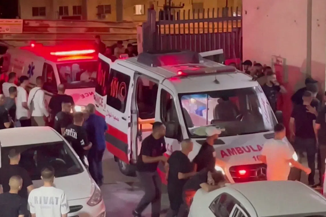 Ambulances are parked outside Tulkarm hospital in the Israeli-occupied West Bank, July 2, 2024 in this screen grab obtained from a video. Video obtained by REUTERS/File Photo