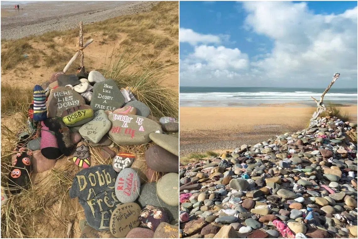 Freshwater West beach became popular with fans leaving socks and pebbles with messages written to Dobby at his unofficial resting place.