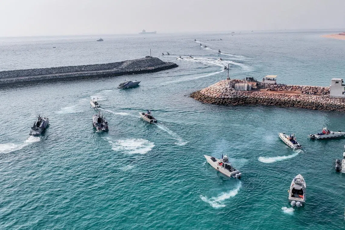 FILE PHOTO: Islamic Revolutionary Guard Corps (IRGC) Navy's speedboats move during an exercise in Abu Musa Island, in this picture obtained on August 2, 2023. IRGC/WANA (West Asia News Agency)/Handout via REUTERS/File Photo